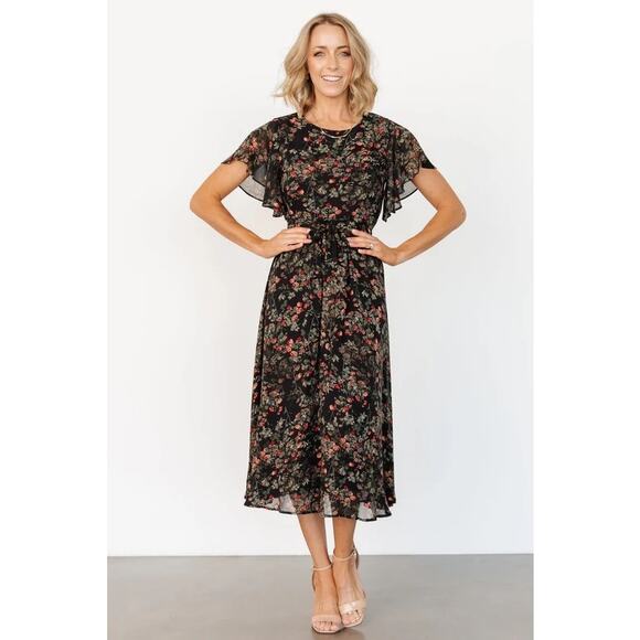 NWT Baltic Born Black Floral Print Flutter Sleeve Laurel Midi Dress Size XL - Picture 1 of 16